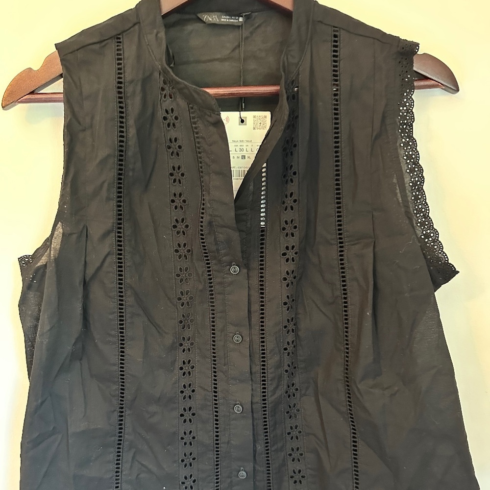 ZARA Embroidered Lace Trim Shirt — Black | Size Large | New With Tags